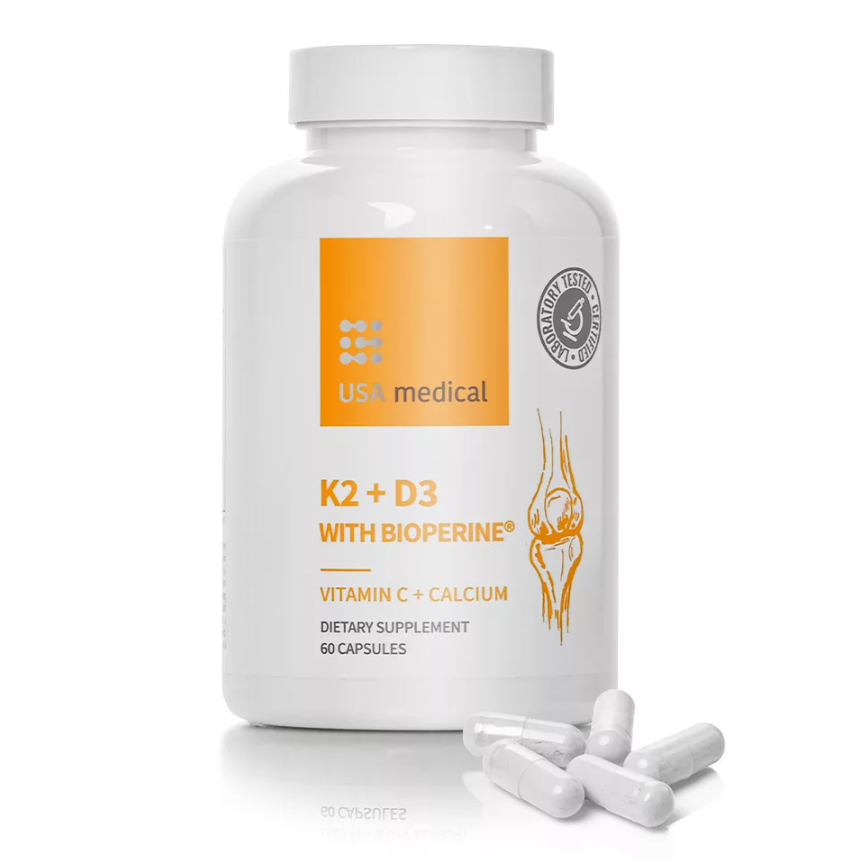 USA Medical K2+D3 Kapseln mit Vitamin C und Bioperine® Schwarzer Pfeffer Extrakt 60 Stk