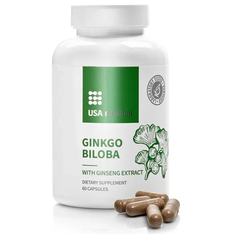 USA Medical Ginkgo Biloba Kapseln mit Ginseng-Extrakt, 60 Stück, für geistige Frische und Unterstützung eines normalen Kreislaufsystems